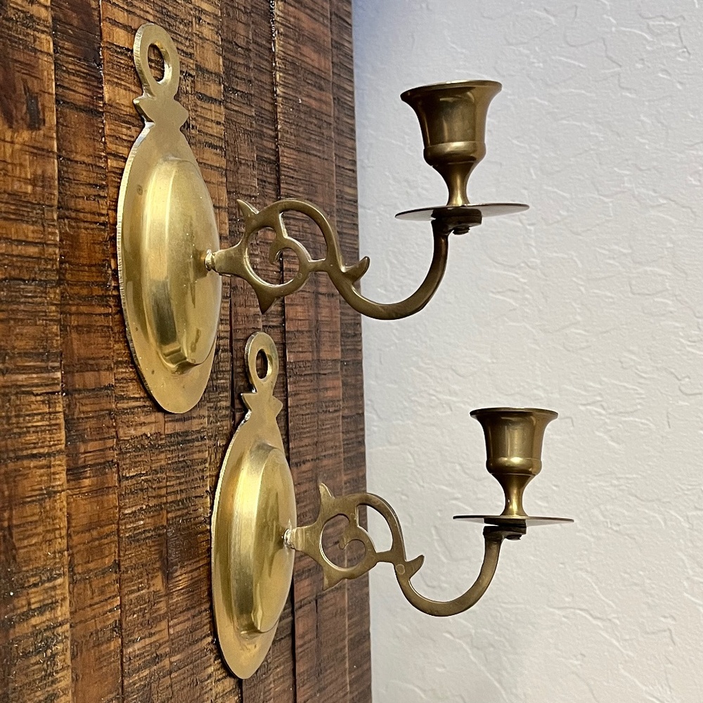 Vintage Brass Wall Sconce Taper Candle Holders - Set of Two